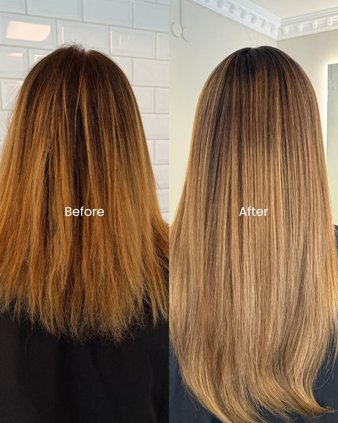 Showing before and after results after using BHBD hair care - after result showing healthier & longer hair.