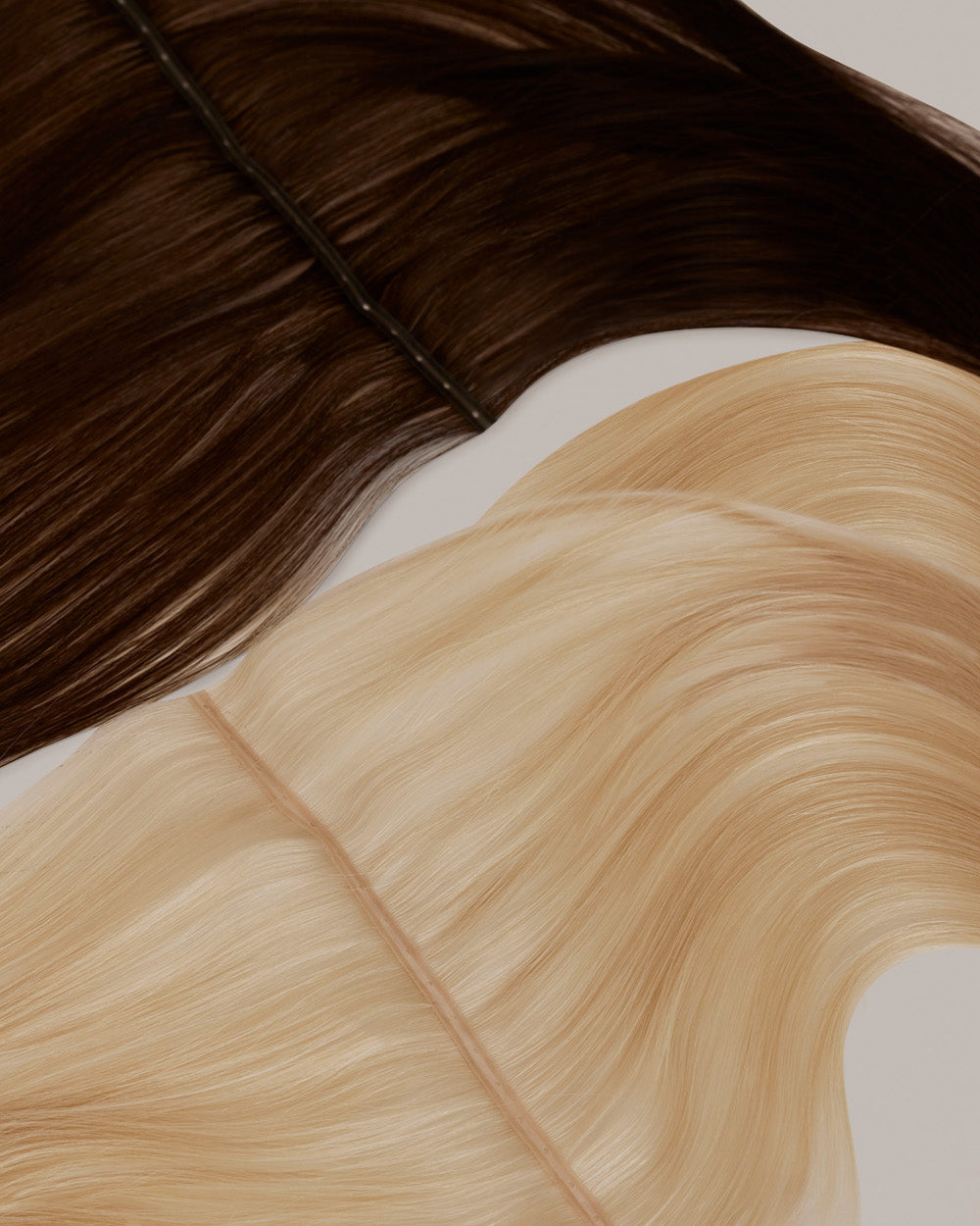 BHBD Weft extensions in blonde and brown shades displayed side by side in a flat lay. 100% Remy hair, gentle extensions.