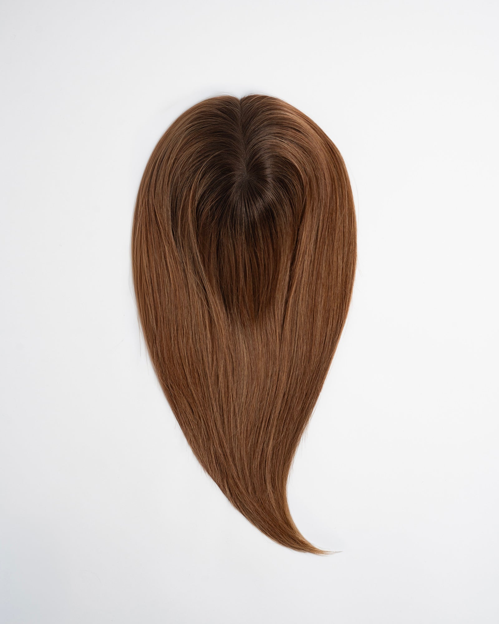 Hair topper Full Crown in warm brown blend (5N/5G/8G) with natural golden tones and soft dimension on a white background.