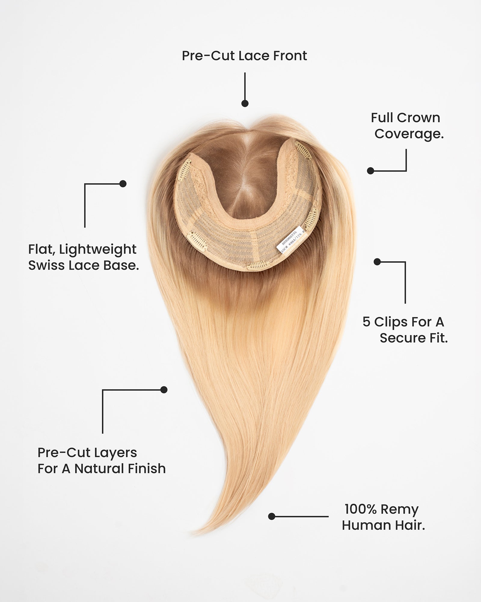 Detailed product picture of Full Crown hair topper with full crown coverage, lace front, Swiss lace base, 5 secure clips, and 100% Remy human hair for a natural finish.
