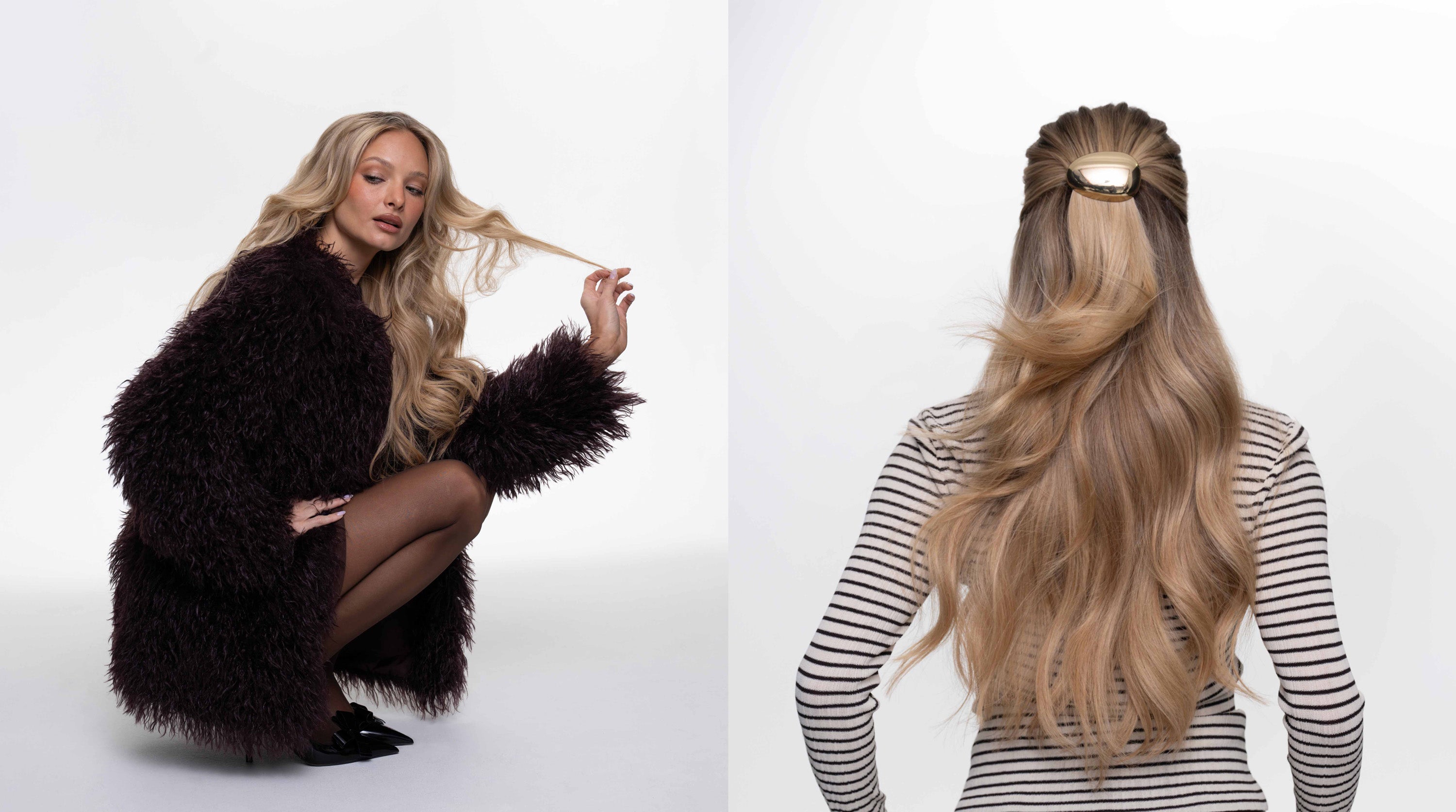 Woman with long blonde hair styled in two different ways with BHBD Clip In Hair extensions