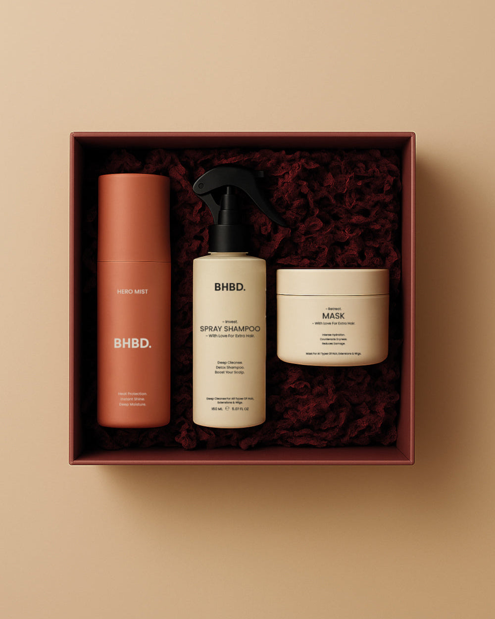 BHBD Spray Shampoo, Mask & Hero Mist for deep cleansing, hydration, heat protection & shine.