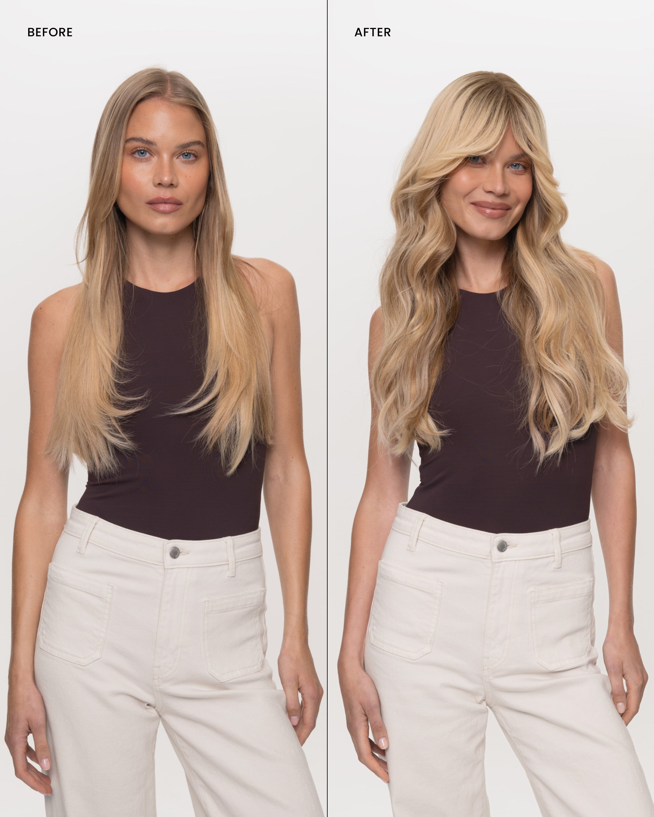 Before and after picture of blond, highlighted hair topper on model.