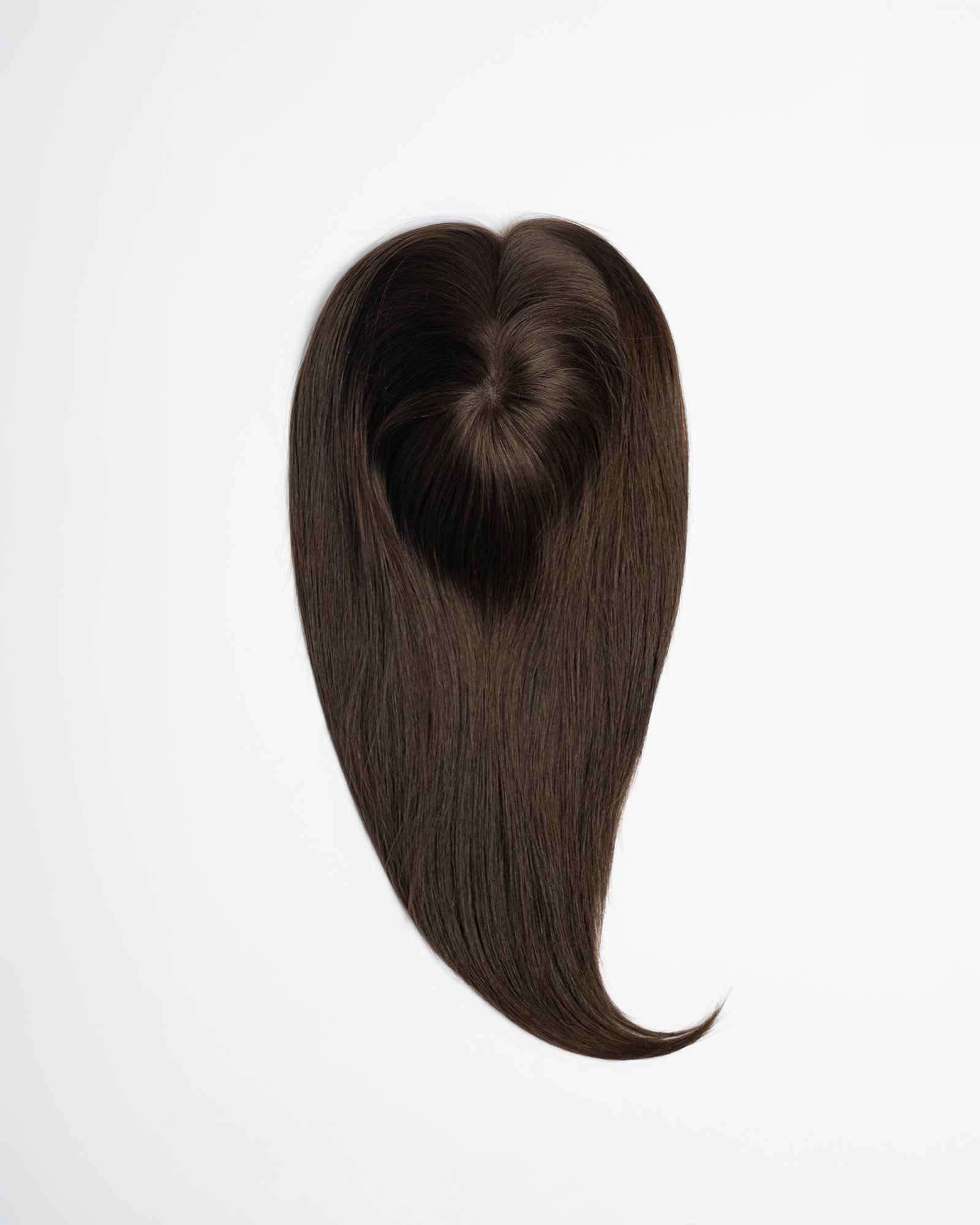 Hair topper Signature Base in neutral medium brown shade (4N) with natural volume and seamless blend on a white background.