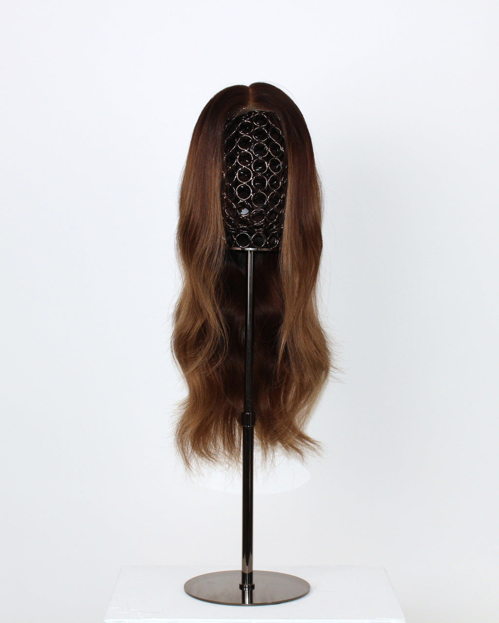 Brunette Balayage Wig 40 cm human hair wig with dark brown root and lighter brown tones, hand-tied on HD lace front, displayed on stand. Front View