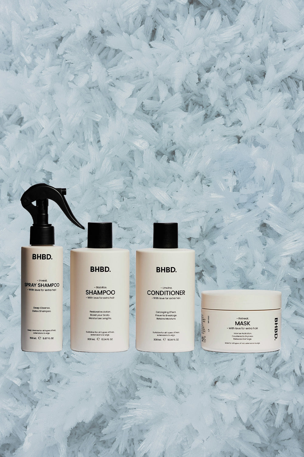 BHBD Hair Care: Spray shampoo, shampoo, conditioner and hair mask.