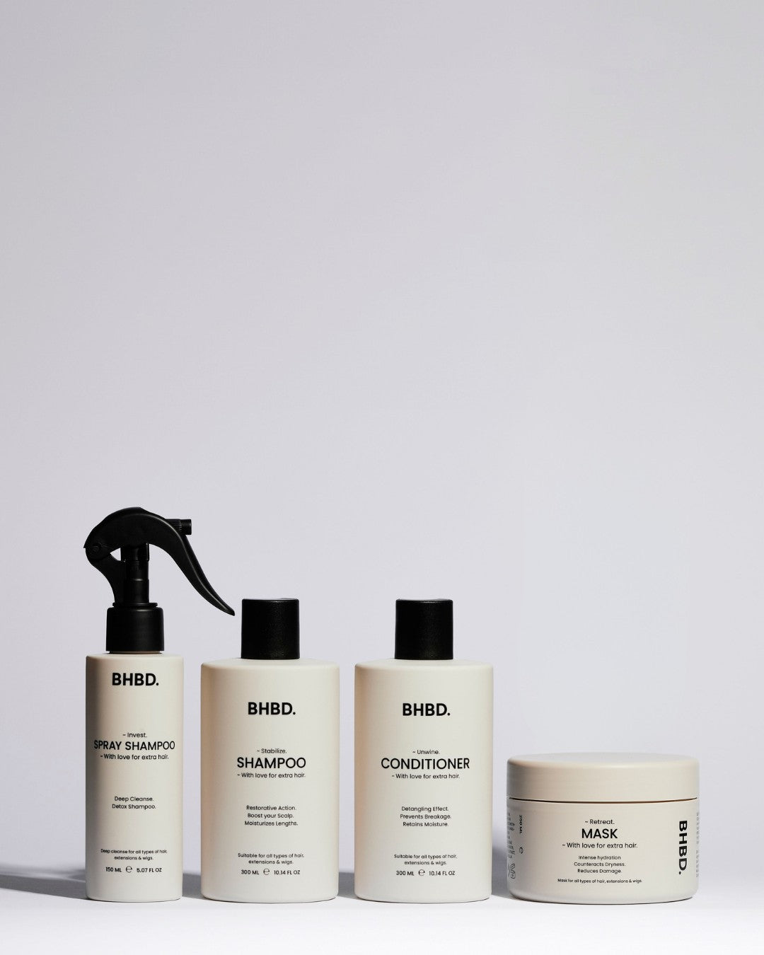 BHBD Hair Care: Spray shampoo, shampoo, conditioner and hair mask.
