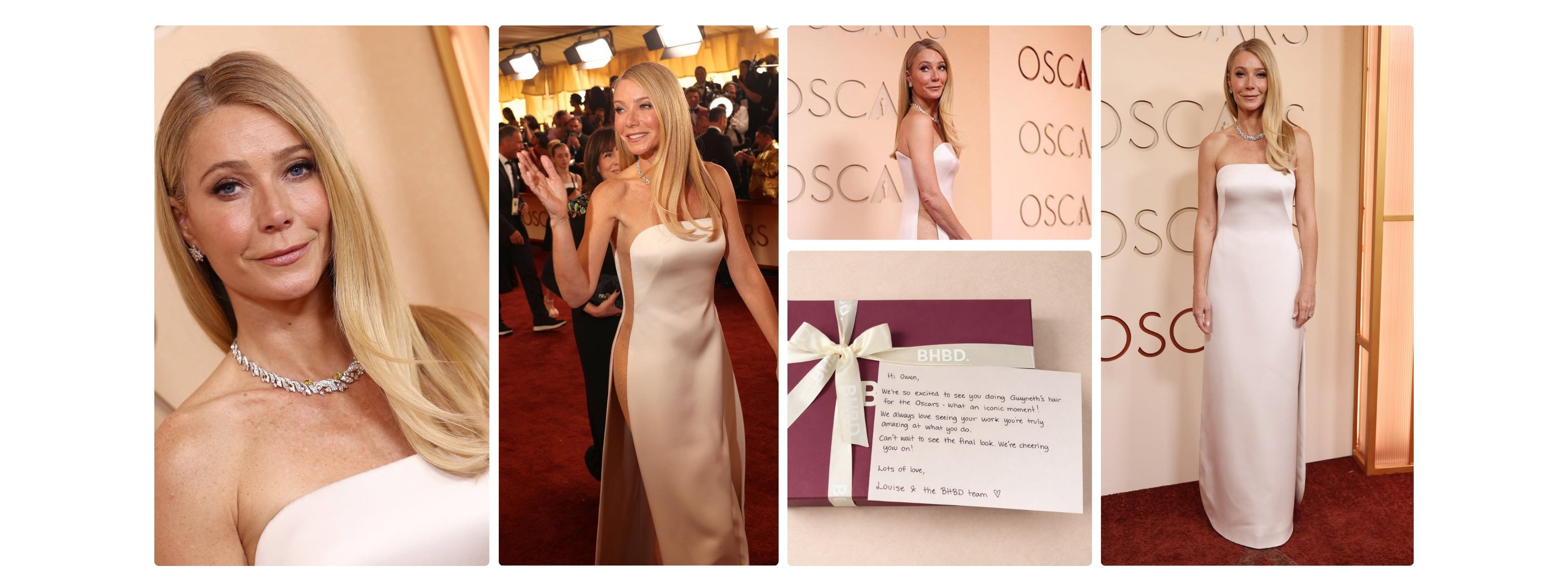 Collage of a Gwyneth Paltrow in a white dress at the Oscars 2026, including close-up, red carpet, and gift box images.