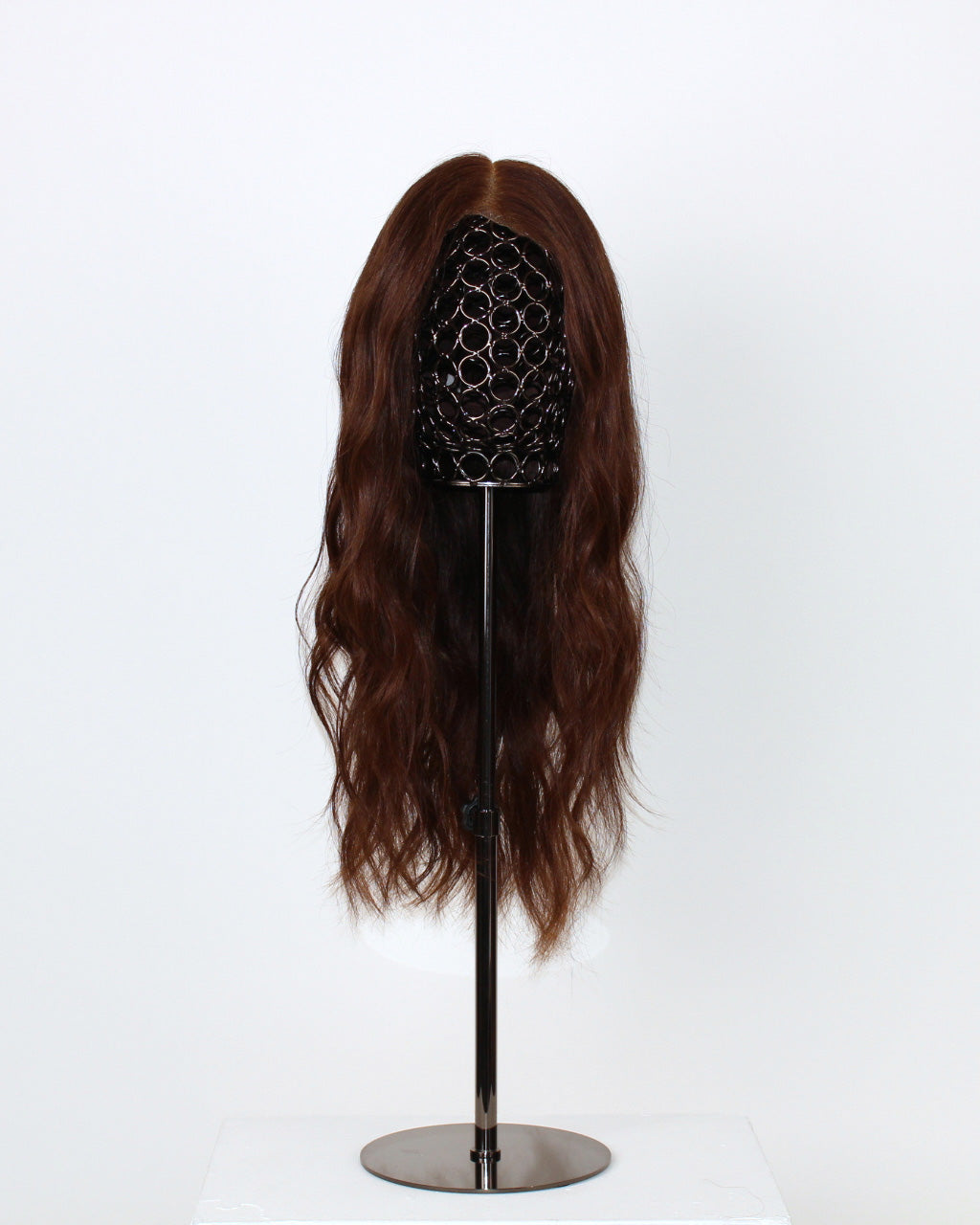 Valentina Wig – 40cm natural dark brown wig on mannequin; full lace with transparent Swiss lace and hand-tied strands.