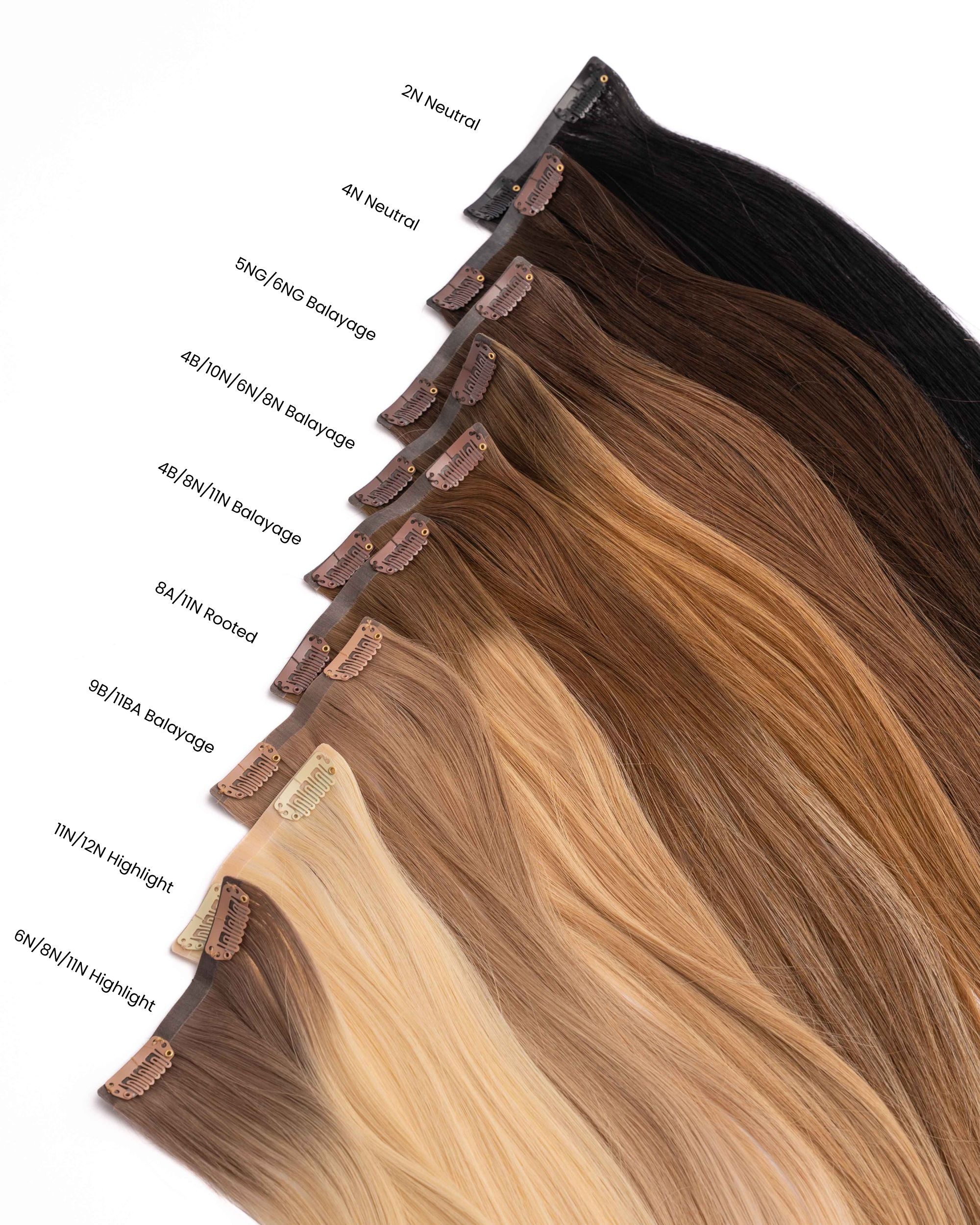 Clip In Extensions color chart with highlight, balayage, neutral and rooted shades