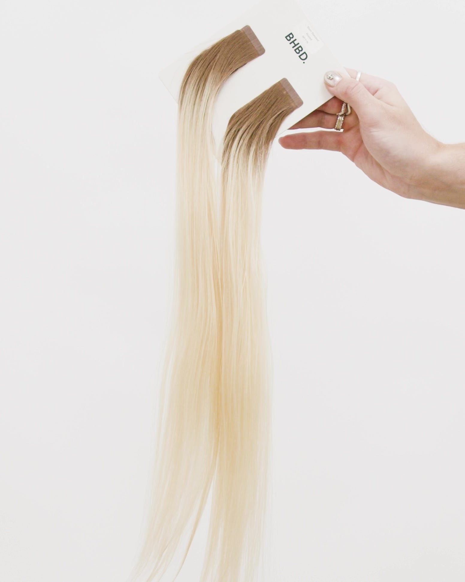 BHBD tape extensions: 35cm, 50cm, 60cm. Rooted light blonde pearl extreme blonde neutral 100% real hair.