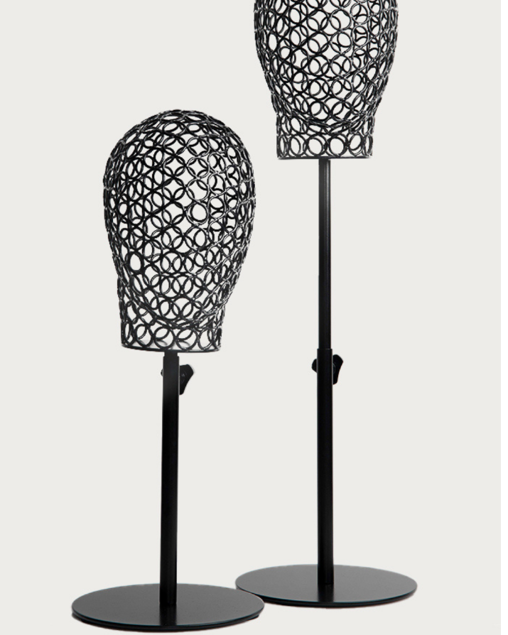 BHBD wig stand black metallic.